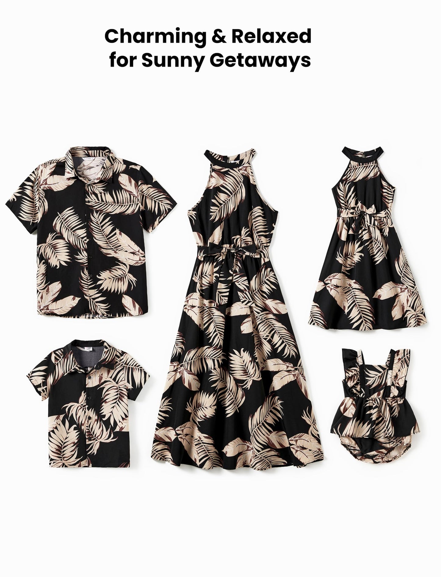 PATPAT Family Matching Hawaiian Outfits Mommy and Me Dresses Matching Set Tropical Palm Leaf Print Halter Neck Sundresses Mommy and Me Dresses Beach Black Leaf for Women S