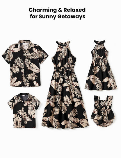 PATPAT Family Matching Hawaiian Outfits Mommy and Me Dresses Matching Set Tropical Palm Leaf Print Halter Neck Sundresses Mommy and Me Dresses Beach Black Leaf for Women S