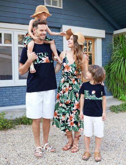 PATPAT Family Cruise Outfits Matching Shirts Matching Family Hawaiian Outfits Tropical Floral Palm Leaf Print Vacation Beach Short Sleeve Father Son Matching Shirts Green Floral T Shirts for Men L