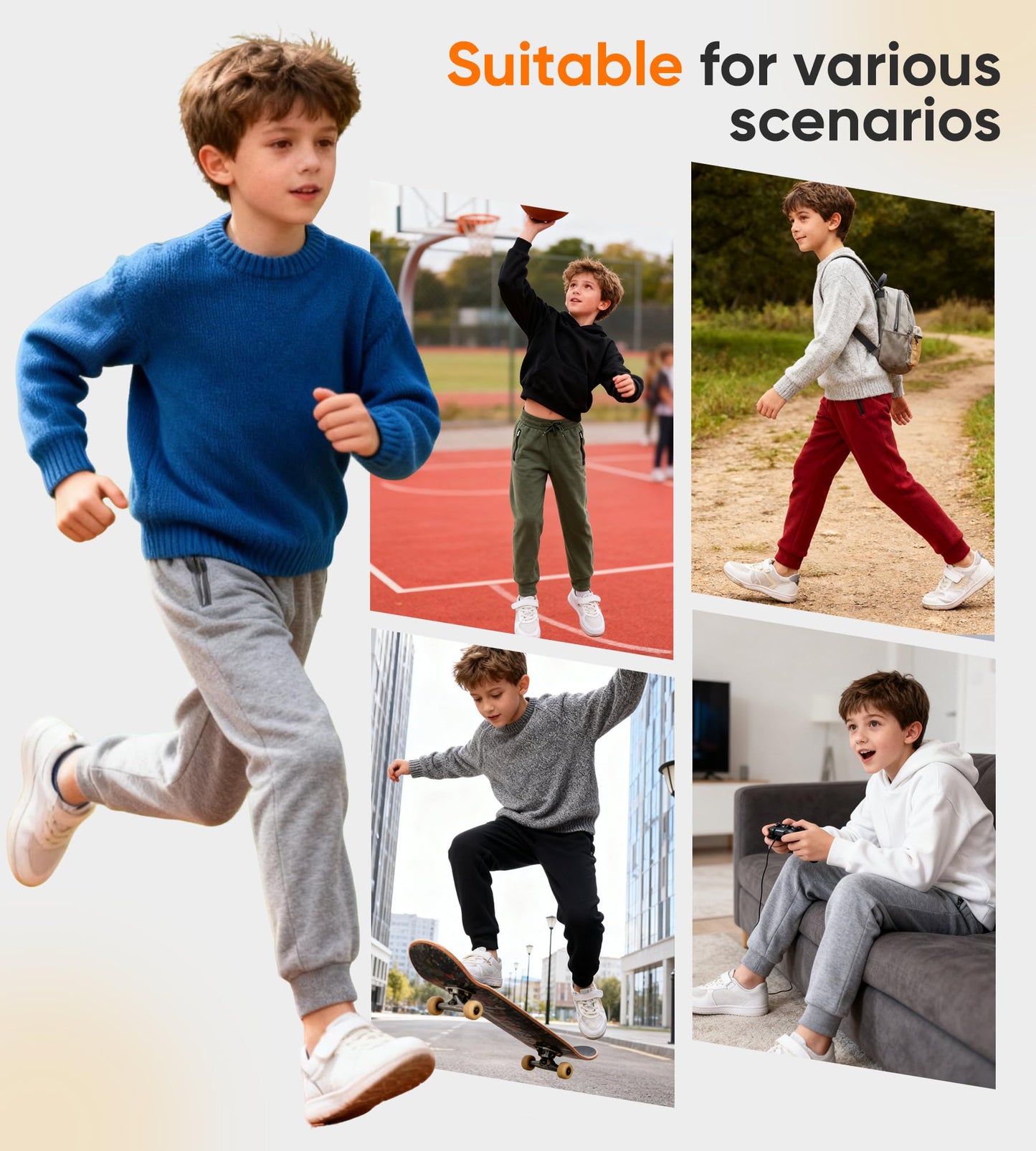 WHITE PEAK TRADING COMPANY Boys Athletic Sweatpants, 3 Pack Kids Fleece Casual Jogger Pants with Zipper Pockets Size 4-20