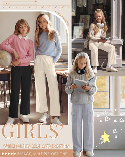 LessonZoo 3 Pack Girls Wide Leg Sweatpants Cargo Pants High Waisted Baggy Causal Loose Kids Elastic Waistband Pants Joggers(White, Light Gray, Black,9-10 Years)
