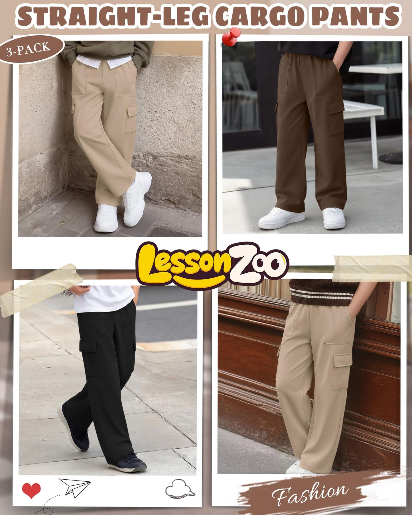 LessonZoo 3 Pack Boys Cargo Sweatpants Kids Pull-On Elastic Waist Open Bottom Teens Active Casual Baggy Pants with 4 Pockets(Apricot, Coffee, Black,12-13 Years)