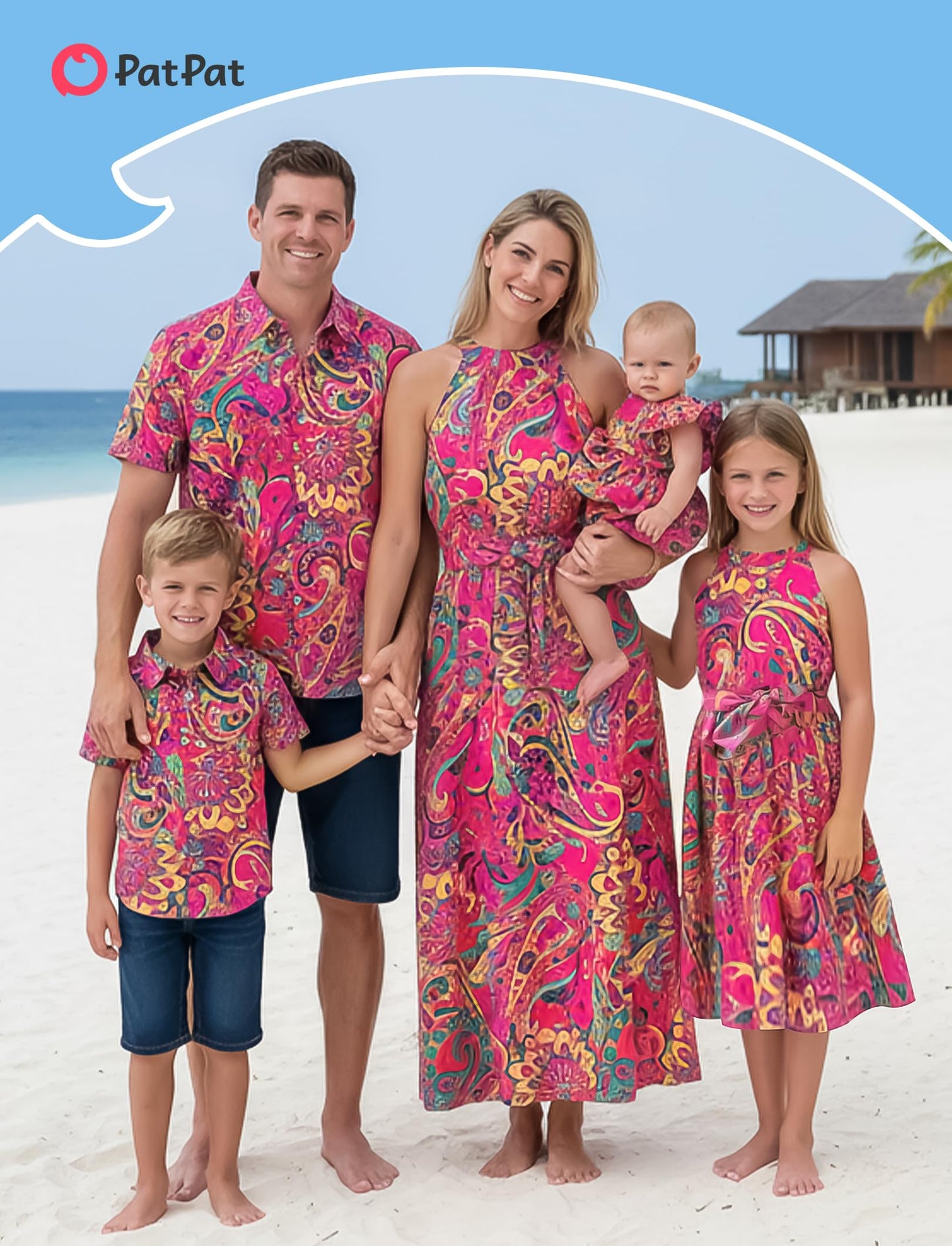 PATPAT Mommy and Me Outfits: Family Hawaiian Matching Outfits - Matching Family Tropical Floral Print Outfits Boho Midi Sundress for Women Summer Beach Cruise Vacation Picnic Hot Pink Women XL