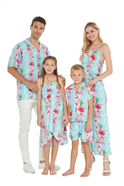 Matchable Family Hawaiian Luau Halter Dress, Pink Hibiscus Vine Turquoise, Women, Medium
