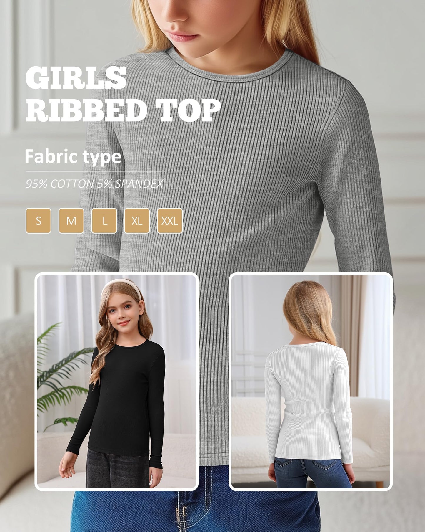 LessonZoo 3 Pack Girls Long Sleeve Shirts Ribbed Knit Cotton Layering Tops Slim Fit Crewneck Casual Undershirts(Black, White, Gray,11-12 Years)