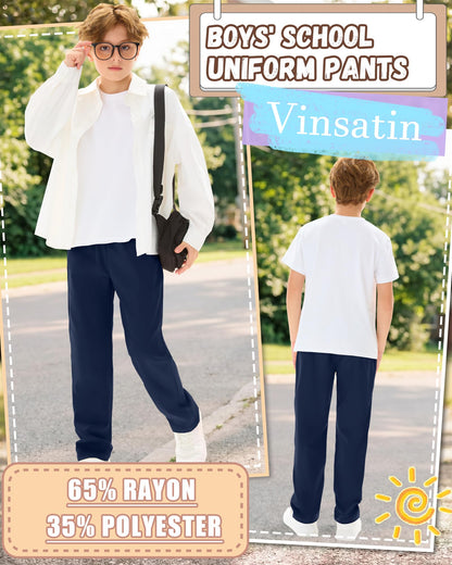 Vinsatin 5 Pack Boys' School Uniform Pants Elastic Waist Pull-On Relaxed Fit Pants Kid Teen Stretch Sweatpants with Pockets(9-10 Years,Khaki, Navy Blue)