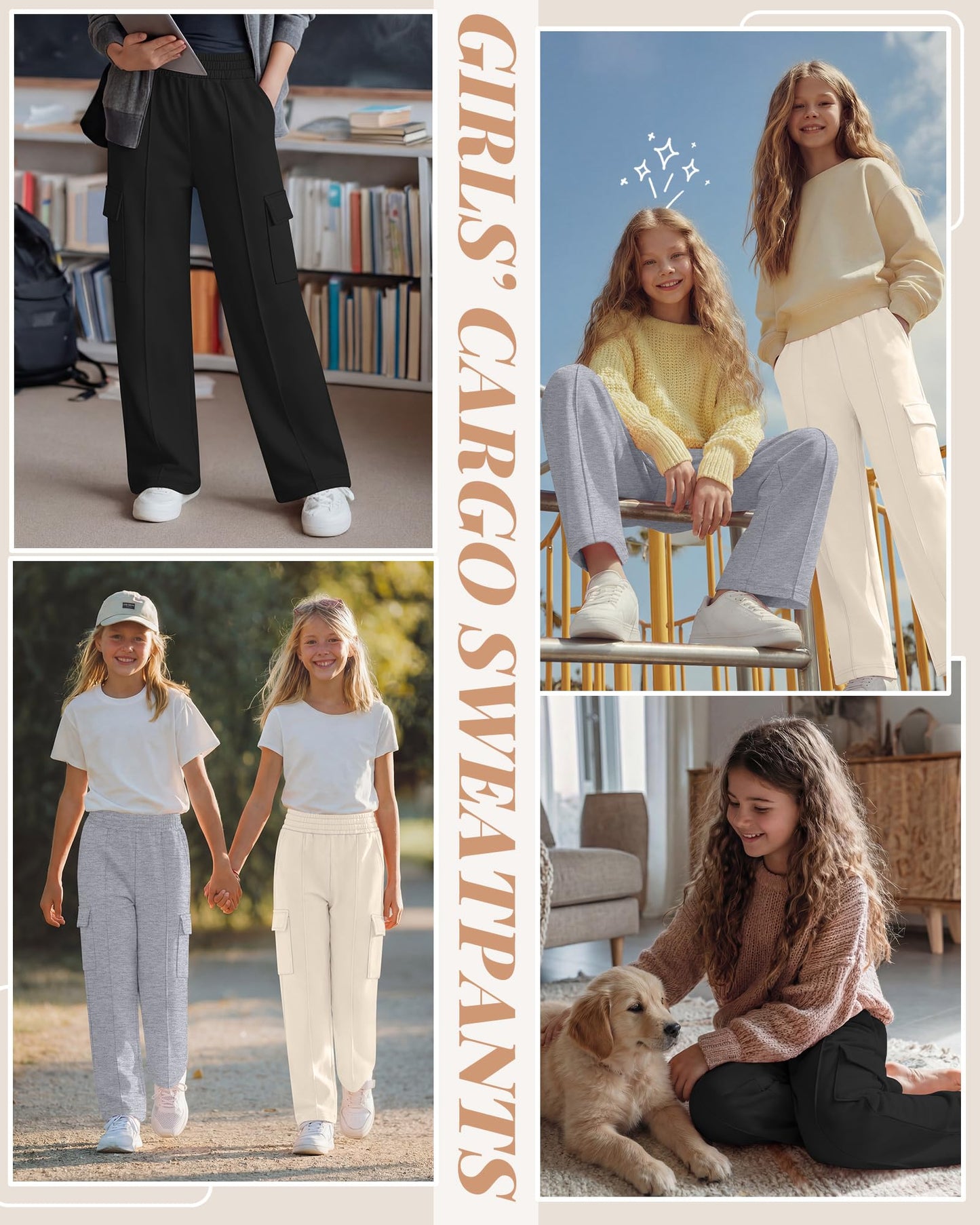 LessonZoo 3 Pack Girls Wide Leg Sweatpants Cargo Pants High Waisted Baggy Causal Loose Kids Elastic Waistband Pants Joggers(White, Light Gray, Black,9-10 Years)