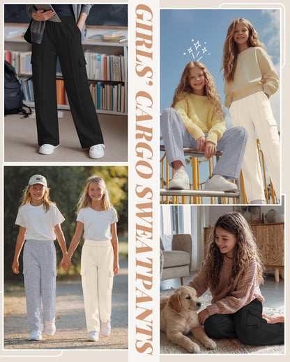 LessonZoo 3 Pack Girls Wide Leg Sweatpants Cargo Pants High Waisted Baggy Causal Loose Kids Elastic Waistband Pants Joggers(White, Light Gray, Black,9-10 Years)