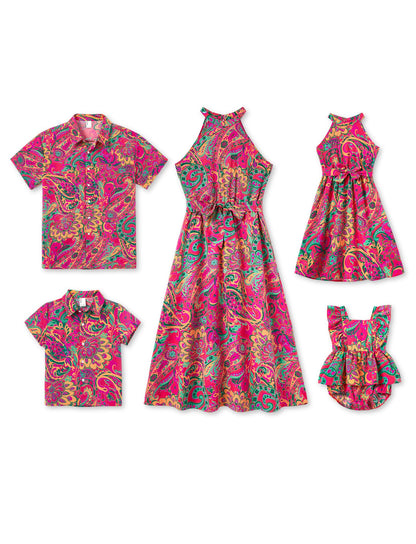 PATPAT Mommy and Me Outfits: Family Hawaiian Matching Outfits - Matching Family Tropical Floral Print Outfits Boho Midi Sundress for Women Summer Beach Cruise Vacation Picnic Hot Pink Women XL
