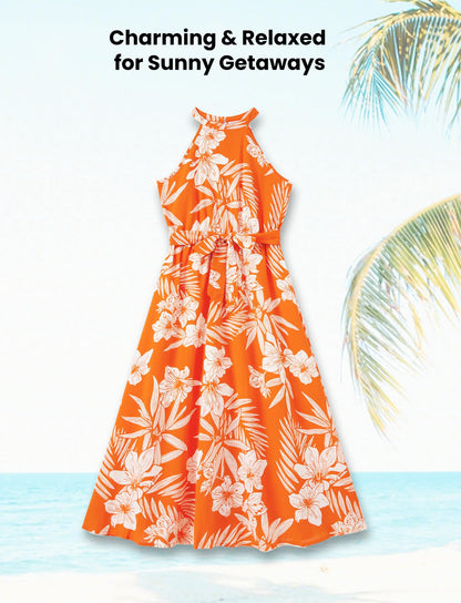 PATPAT Family Luau Matching Outfits Mommy and Me Beach Dresses Tropical Palm Leaf Print Halter Neck Sundresses Matching Hawaiian Outfits for Couples Orange Floral Vacation Hawaiian Dresses for Women S