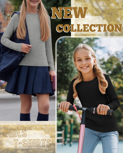 LessonZoo 3 Pack Girls Long Sleeve Shirts Ribbed Knit Cotton Layering Tops Slim Fit Crewneck Casual Undershirts(Black, White, Gray,11-12 Years)