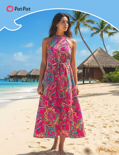 PATPAT Mommy and Me Outfits: Family Hawaiian Matching Outfits - Matching Family Tropical Floral Print Outfits Boho Midi Sundress for Women Summer Beach Cruise Vacation Picnic Hot Pink Women XL
