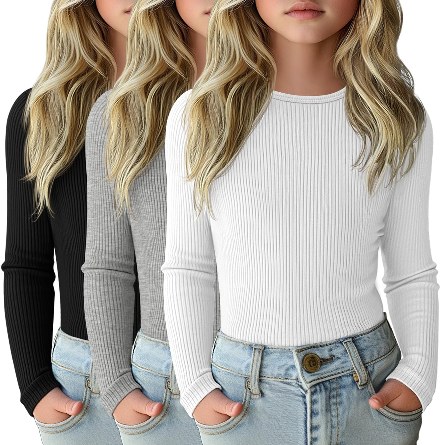 LessonZoo 3 Pack Girls Long Sleeve Shirts Ribbed Knit Cotton Layering Tops Slim Fit Crewneck Casual Undershirts(Black, White, Gray,11-12 Years)
