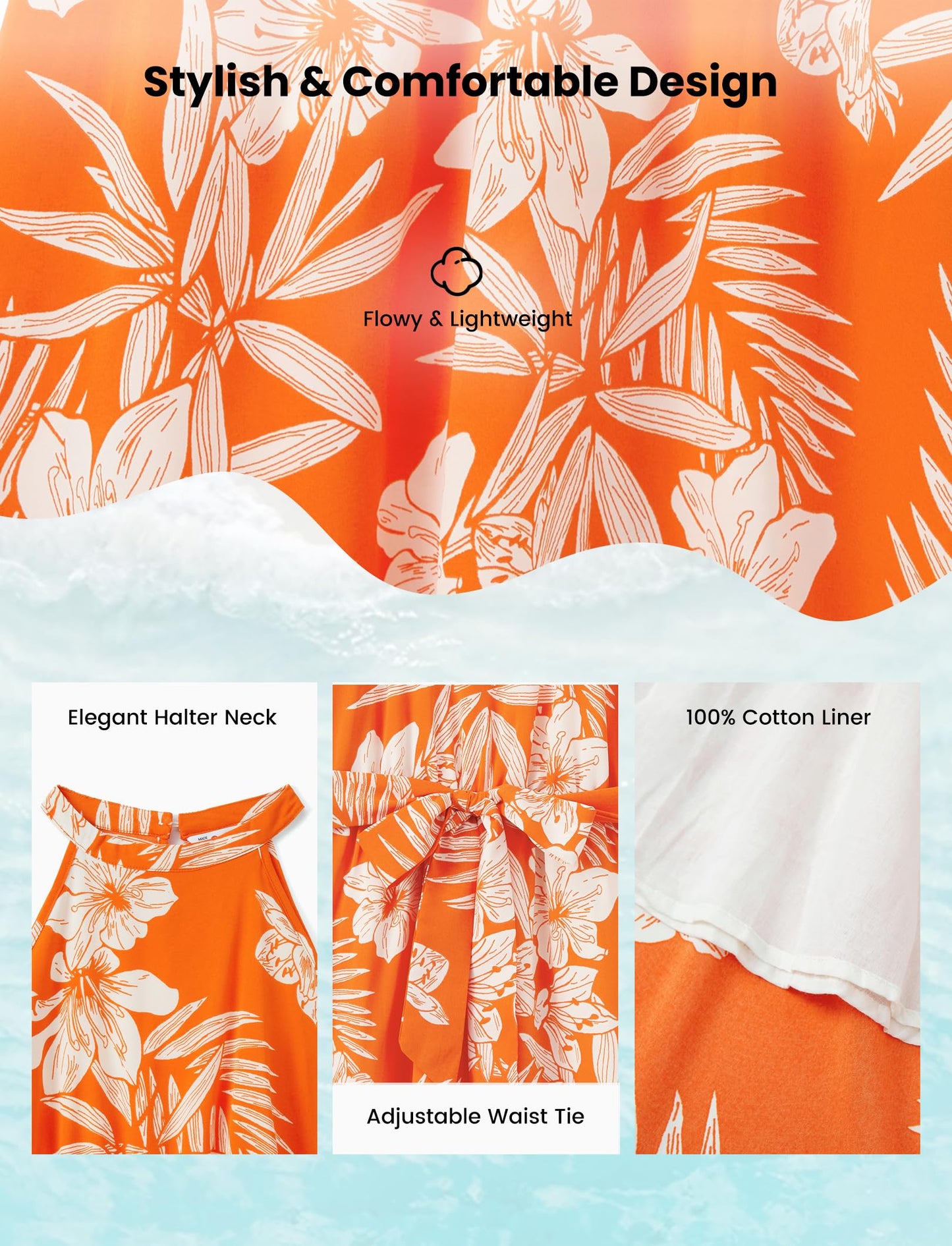PATPAT Family Luau Matching Outfits Mommy and Me Beach Dresses Tropical Palm Leaf Print Halter Neck Sundresses Matching Hawaiian Outfits for Couples Orange Floral Vacation Hawaiian Dresses for Women S