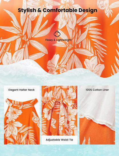 PATPAT Family Luau Matching Outfits Mommy and Me Beach Dresses Tropical Palm Leaf Print Halter Neck Sundresses Matching Hawaiian Outfits for Couples Orange Floral Vacation Hawaiian Dresses for Women S