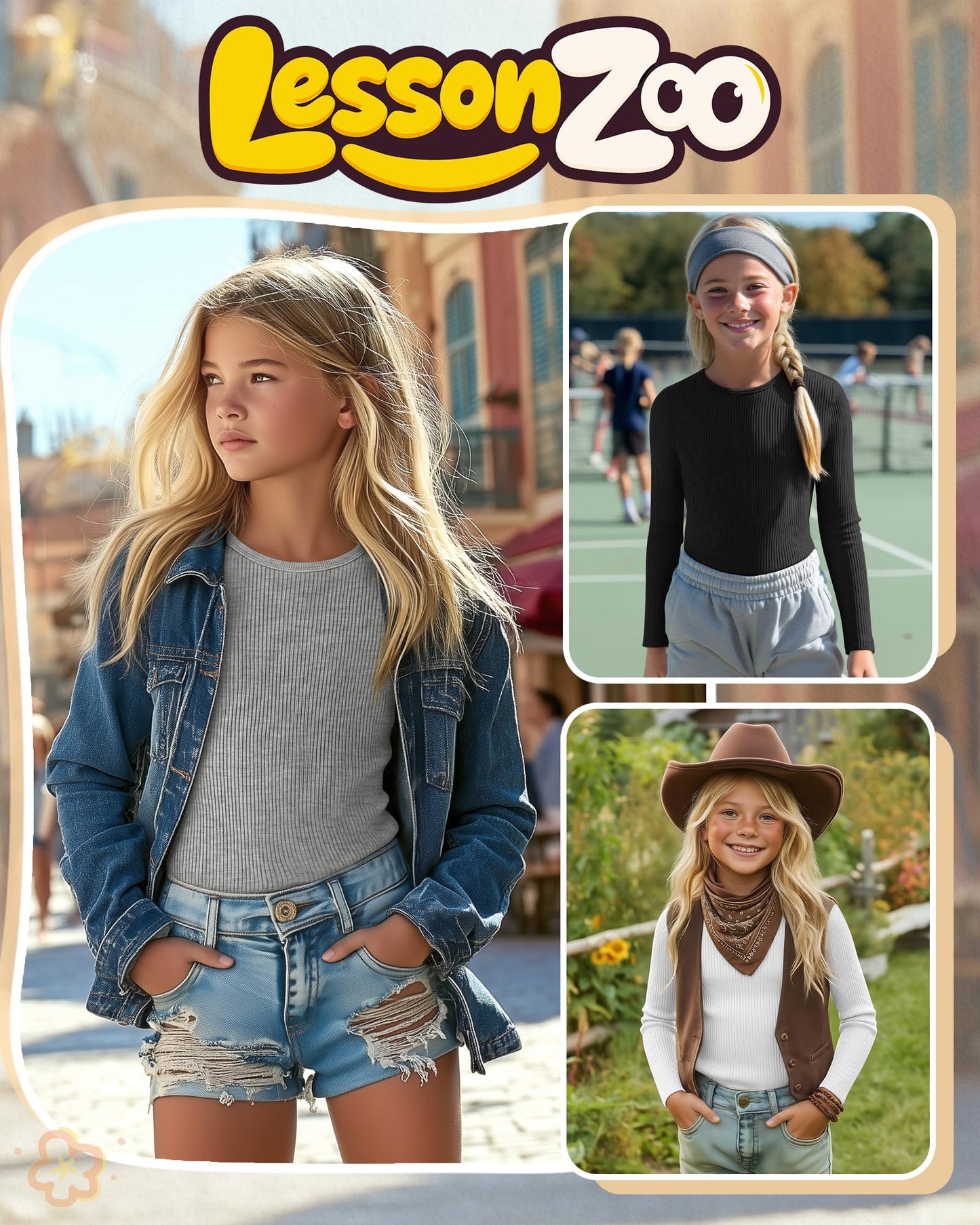 LessonZoo 3 Pack Girls Long Sleeve Shirts Ribbed Knit Cotton Layering Tops Slim Fit Crewneck Casual Undershirts(Black, White, Gray,11-12 Years)