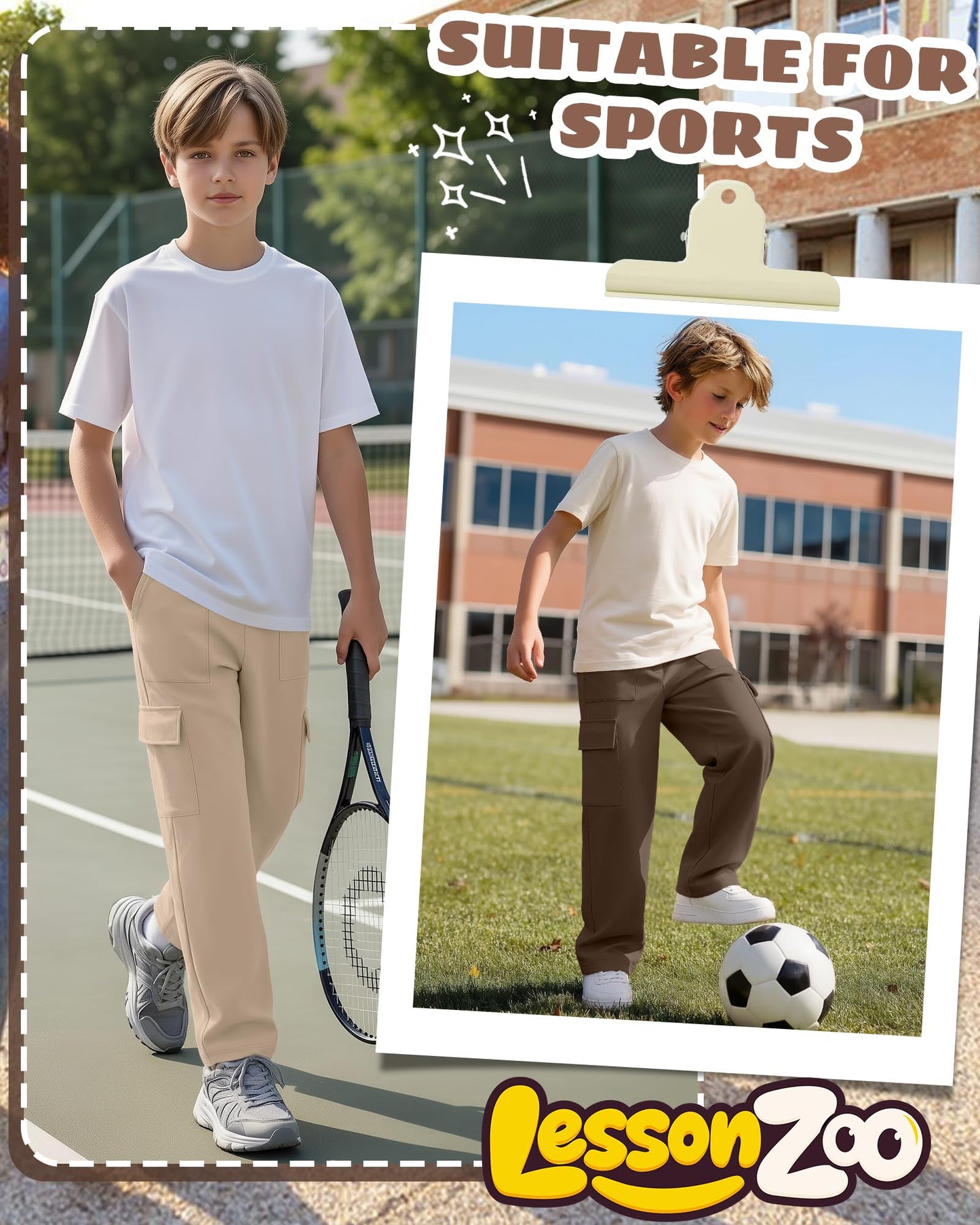 LessonZoo 3 Pack Boys Cargo Sweatpants Kids Pull-On Elastic Waist Open Bottom Teens Active Casual Baggy Pants with 4 Pockets(Apricot, Coffee, Black,12-13 Years)