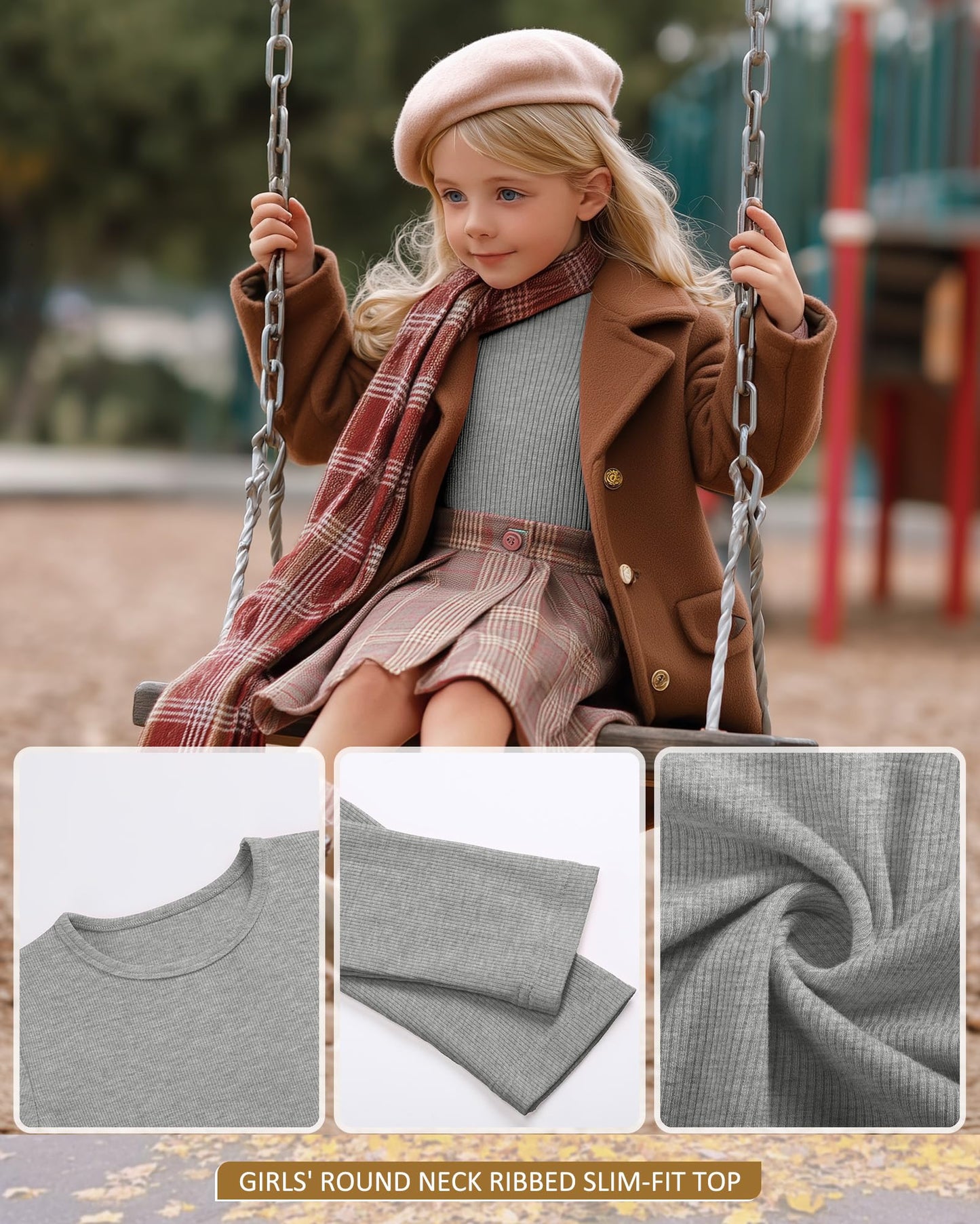 LessonZoo 3 Pack Girls Long Sleeve Shirts Ribbed Knit Cotton Layering Tops Slim Fit Crewneck Casual Undershirts(Black, White, Gray,11-12 Years)