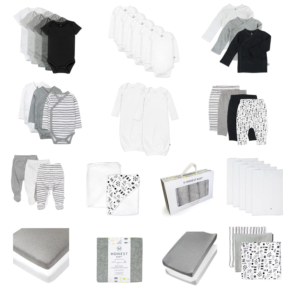 HonestBaby 50-piece Oh Baby Gift Set Newborn Essentials Gift Box Organic Cotton for Baby, Pattern Play/Heather Gray, Newborn