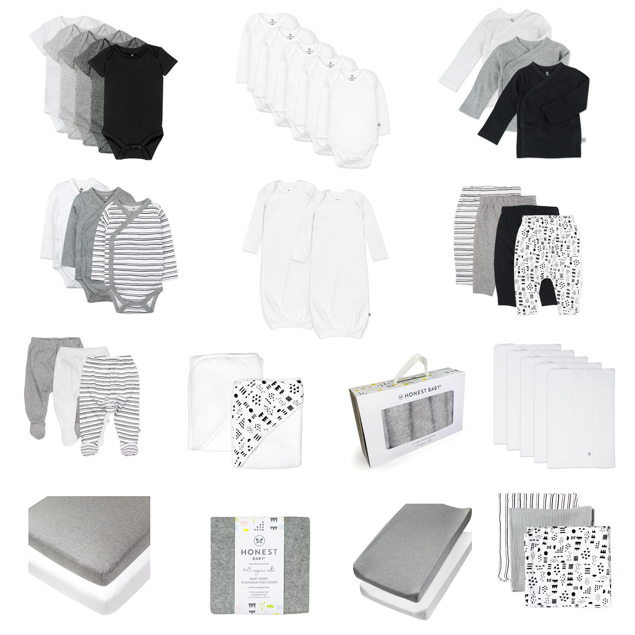 HonestBaby 50-piece Oh Baby Gift Set Newborn Essentials Gift Box Organic Cotton for Baby, Pattern Play/Heather Gray, Newborn