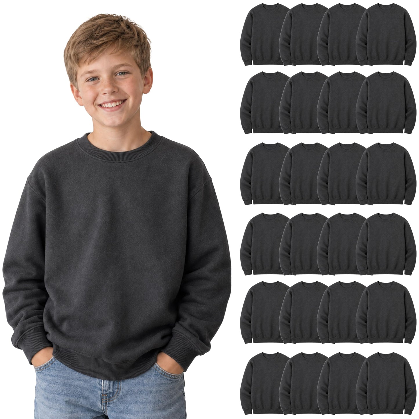 BILLIONHATS 24 Pack Charcoal Gray Kids Crewneck Sweatshirts, Bulk Youth Fleece Pullover Sweatshirt, Wholesale Children’s Crew Neck Sweaters Boys Girls (Medium)