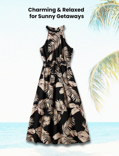 PATPAT Family Matching Hawaiian Outfits Mommy and Me Dresses Matching Set Tropical Palm Leaf Print Halter Neck Sundresses Mommy and Me Dresses Beach Black Leaf for Women S