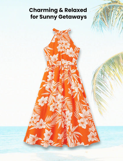 PATPAT Family Luau Matching Outfits Mommy and Me Beach Dresses Tropical Palm Leaf Print Halter Neck Sundresses Matching Hawaiian Outfits for Couples Orange Floral Vacation Hawaiian Dresses for Women S