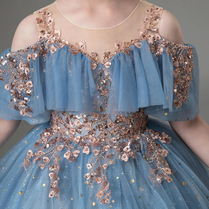 Flower Girls Dresses Blue Sparkly Sequin Birthday Dress Princess for Shoulder Elegant Little Girl Wedding Off Pageant Ball Gown 7-8 Years