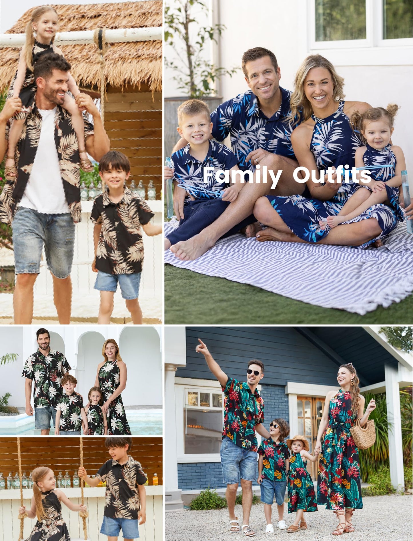 PATPAT Family Matching Hawaiian Outfits Mommy and Me Dresses Matching Set Tropical Palm Leaf Print Halter Neck Sundresses Mommy and Me Dresses Beach Black Leaf for Women S