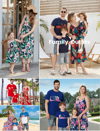 PATPAT Family Cruise Outfits Matching Shirts Matching Family Hawaiian Outfits Tropical Floral Palm Leaf Print Vacation Beach Short Sleeve Father Son Matching Shirts Green Floral T Shirts for Men L